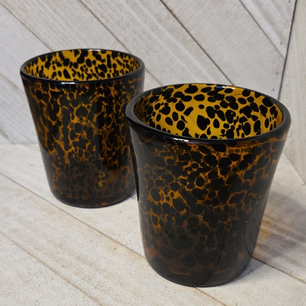 Set Of 2 Heavy Glass Amber And Black Patterned Candle Holders